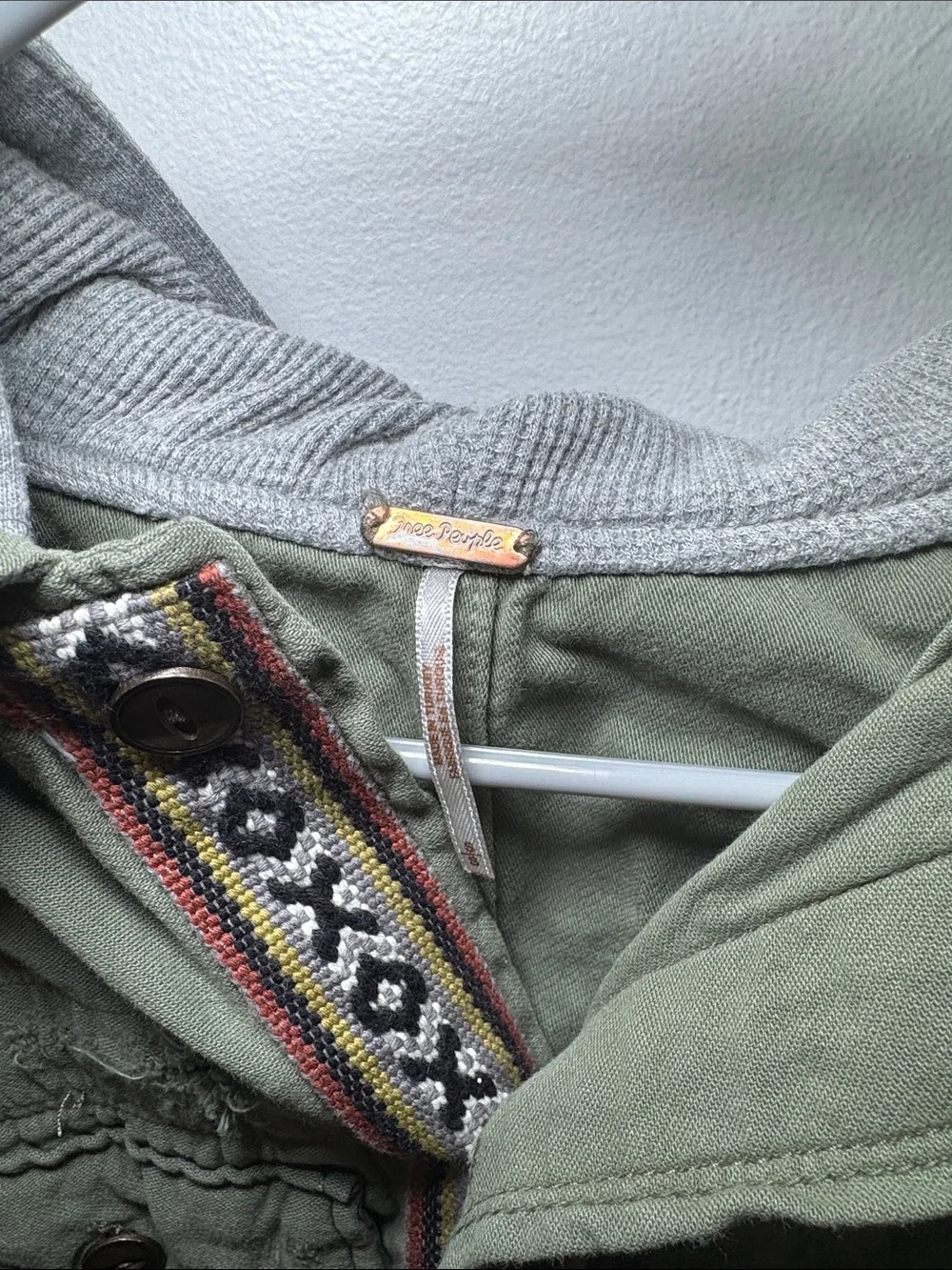 Free people Olive Green Hooded Jacket with Embroidered Trim size S - Picture 2 of 9